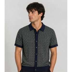Tahari Men's Large Green/Blue Button Up Short Sleeve Sweater - NWT